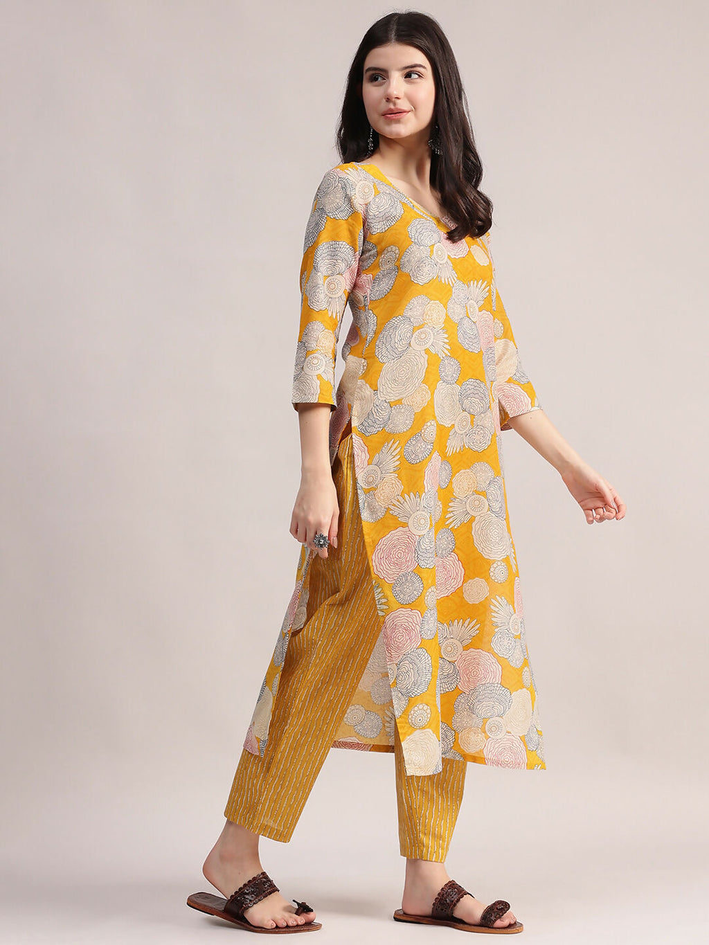 Aavyora Women Yellow Floral Printed Kurta with Striped Pants & Dupatta Set | Grocsy