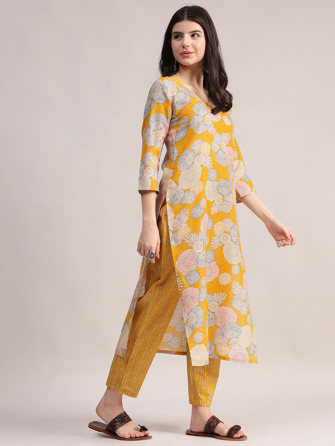 Aavyora Women Yellow Floral Printed Kurta with Striped Pants & Dupatta Set | Grocsy