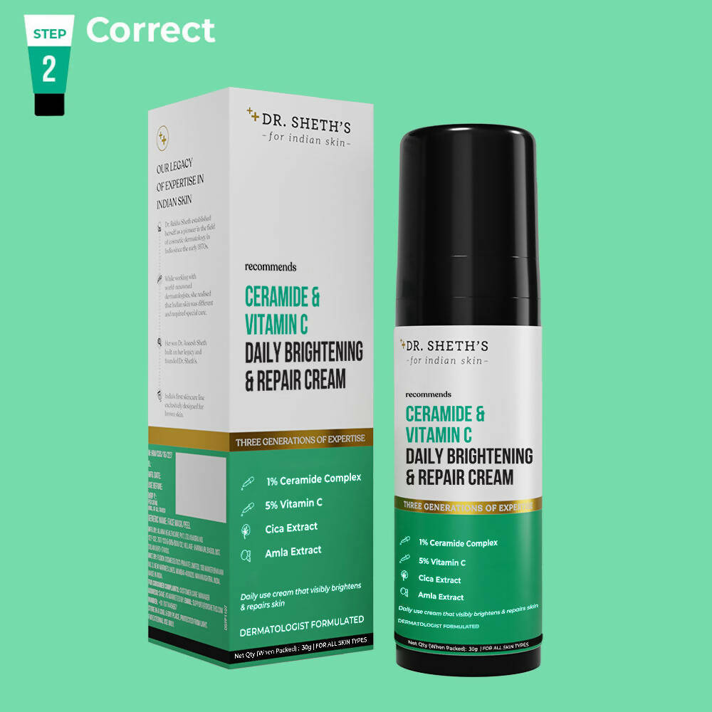 Dr. Sheth's Ceramide & Vitamin C Daily Brightening & Repair Face Cream With 5% Vitamin C, Cica & Amla, Brightens & Repairs Skin - Limited Time Offer | Grocsy