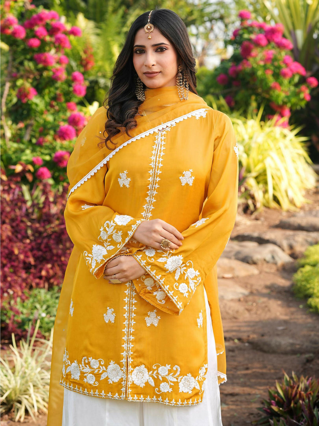 Nikhaar Yellow Embroidered Modal Silk Stitched Straight Cut Kurta Kalidar Palazzo Dupatta Readymade Suit | Grocsy