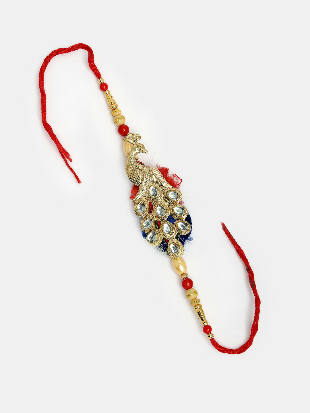 NVR Women & Men Set of 2 Gold-Toned Peacock Design Stone-Studded Bhaiya Bhabhi Rakhi With Roli Chawal & Chocolate | Grocsy