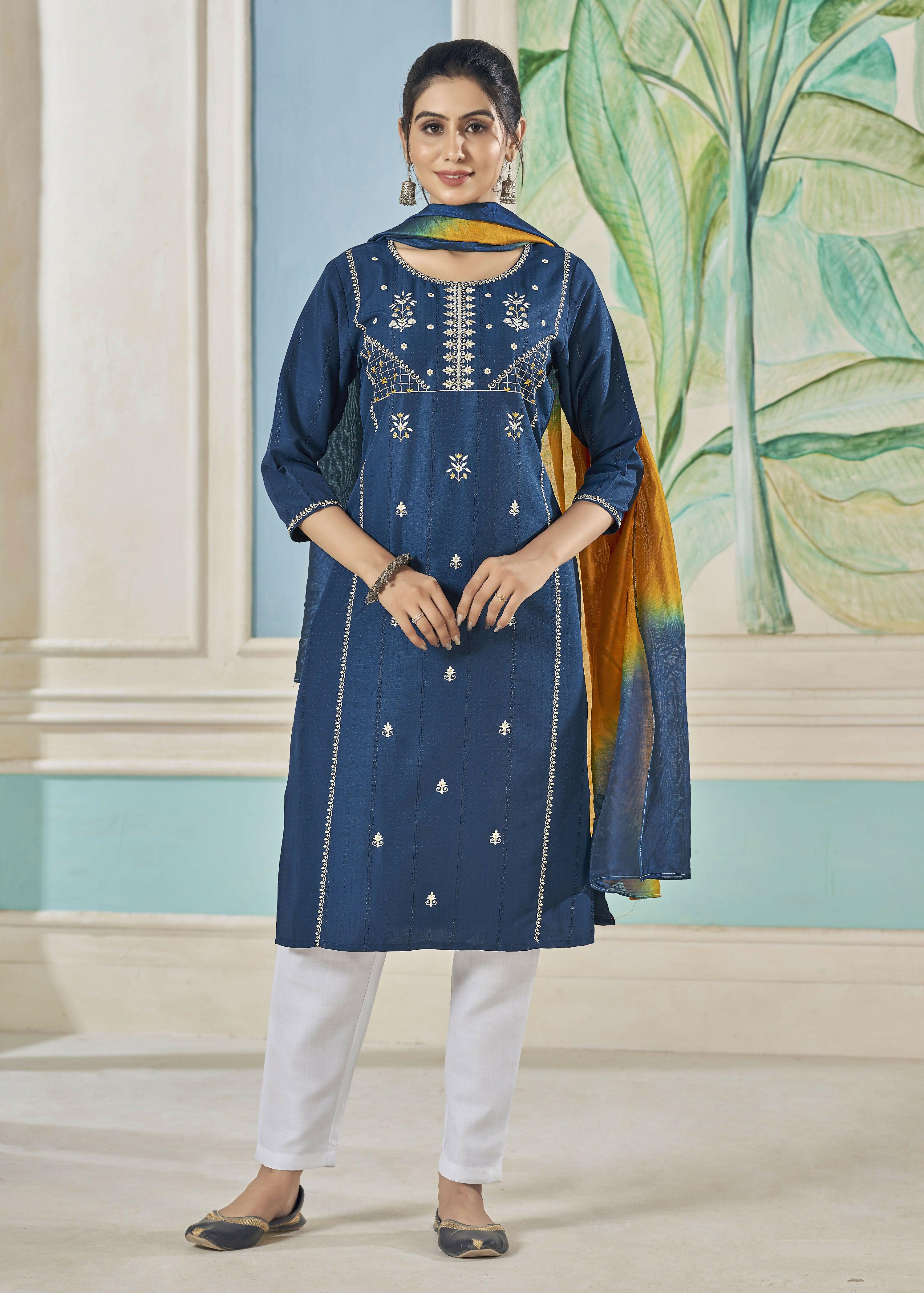 Jyoti Fashion Women's Morpich Pure Viscose Weaving Stripe with Embroidery Kurta Set | Grocsy