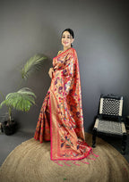Joban Fashion Reddish Pink Peacocks Flowers & Leaves Soft Silk Paithani Saree | Grocsy