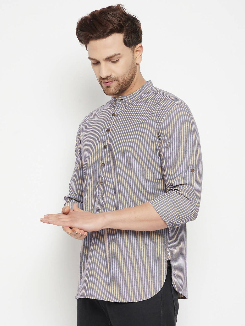 Even Apparels Grey Color Pure Cotton Short Men's Kurta With Band Collar | Grocsy