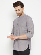 Even Apparels Grey Color Pure Cotton Short Men's Kurta With Band Collar | Grocsy