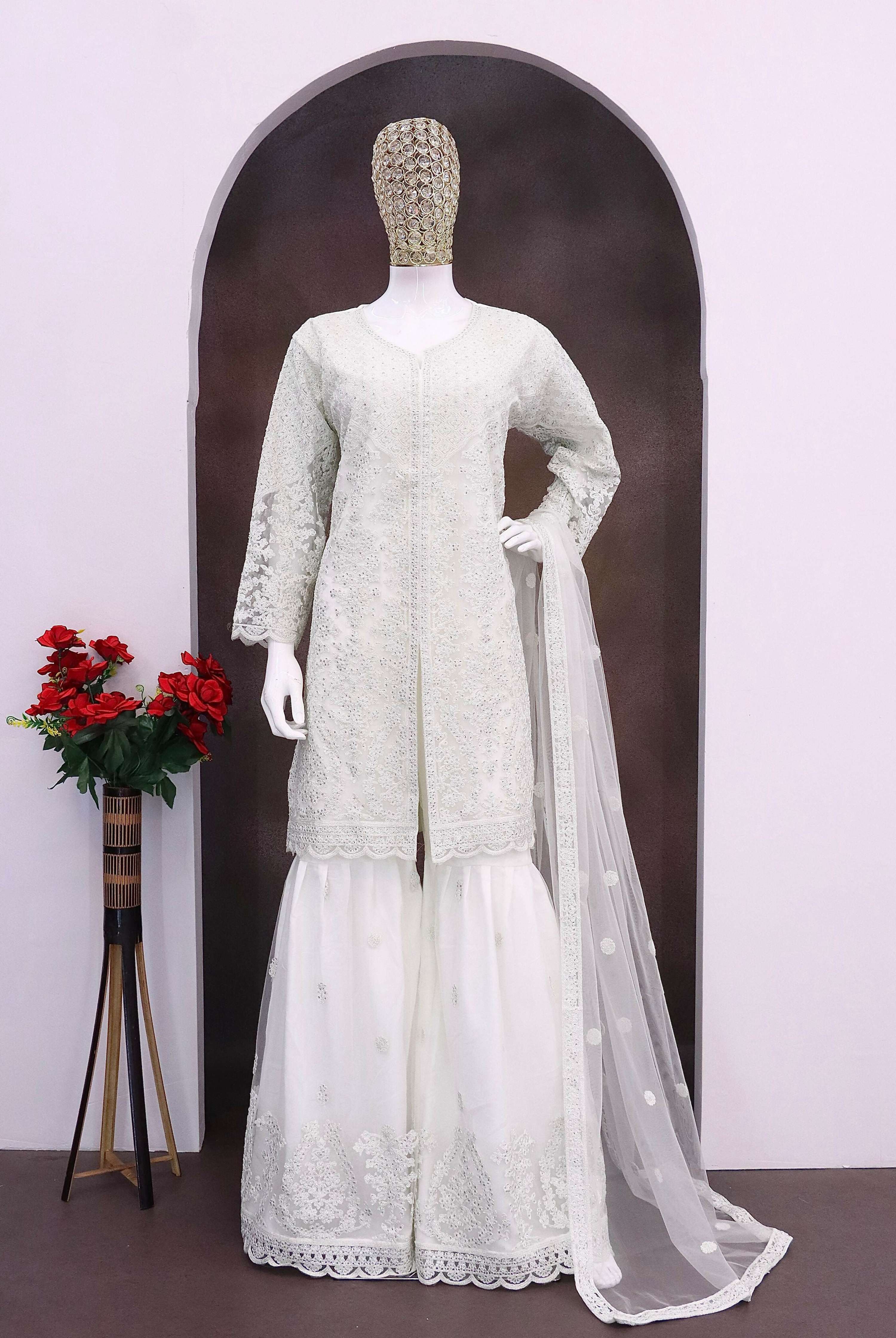 Anaita White Heavy Net Readymade Suit with Embroidery & Sequence Work | Grocsy