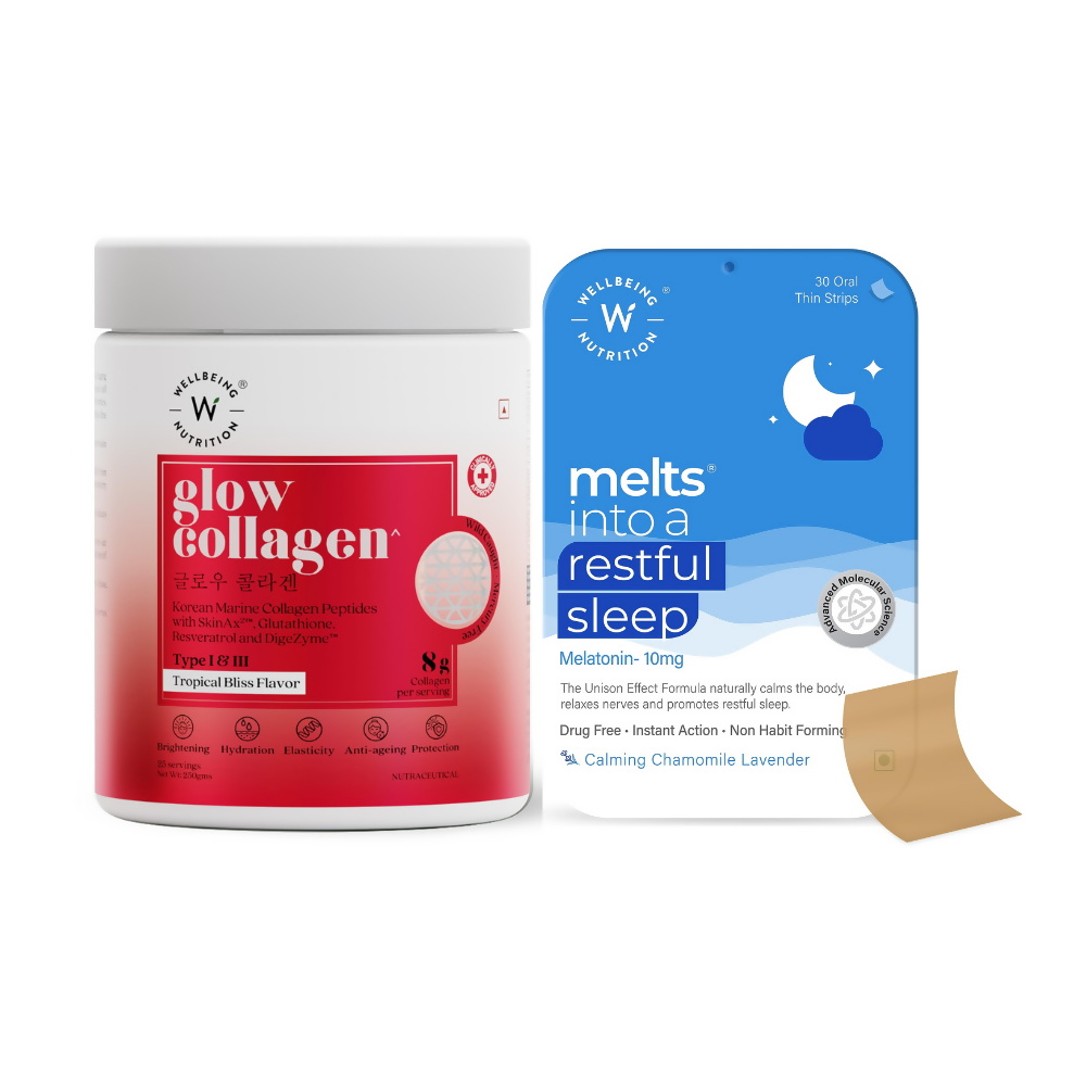 Wellbeing Nutrition Glow Korean Marine Collagen Peptides & Melts Restful Sleep Oral Strips Combo | Grocsy