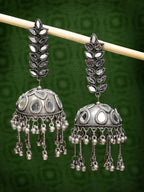 NVR Women's Silver Plated Mirror Work Oxidised Contemporary Jhumka Earrings | Grocsy
