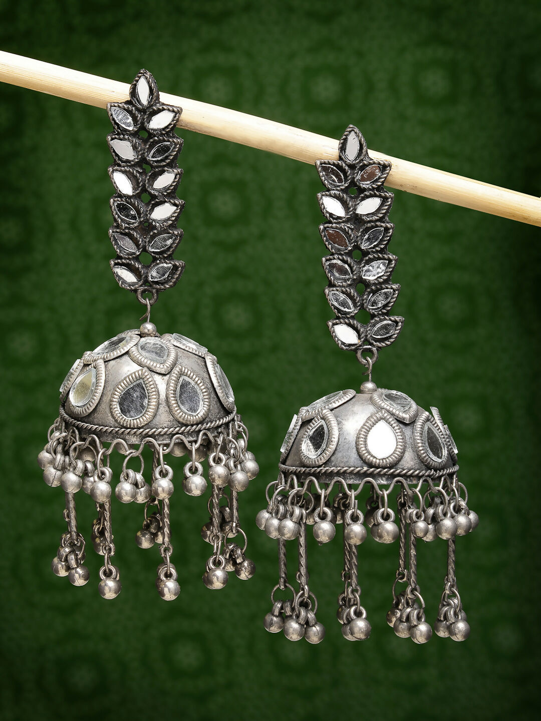 NVR Women's Silver Plated Mirror Work Oxidised Contemporary Jhumka Earrings | Grocsy