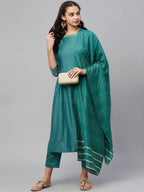 Myshka Dark Green Embroidered 3/4 Sleeve Round Neck Kurta Pant Dupatta Set | Grocsy