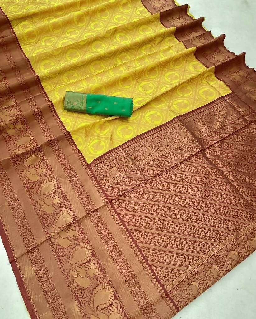 DEIANA'S Beautiful Designer Golden zari Soft Lichi Silk Saree - Yellow | Grocsy