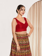 Joban Fashion Red Mulberry Silk Padded Blouse With Round Neck Sleeveless | Grocsy