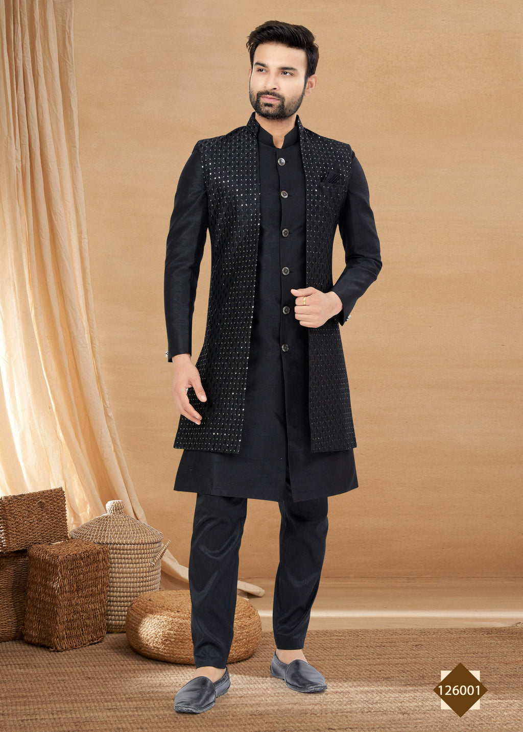Joban Fashion Men's Black Heavy Art Silk Double Finish Plain Indowestern | Grocsy