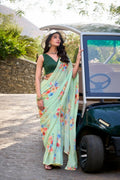 Vastranavya Pista Weightless Marble Printed & Pearl Lace Border Saree with Unstitched Blouse | Grocsy