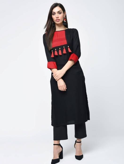 Aniyah Rayon Color Block Black Latest Straight Kurta With Tassels (AN-109K) | Grocsy