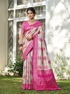 Shree Shyam Fashion Cream With Pink Silk Blend Saree | Grocsy