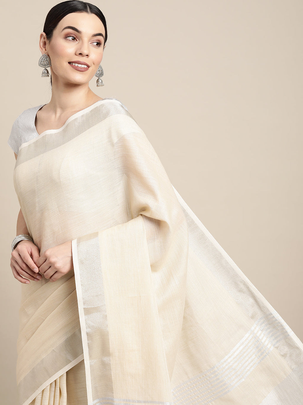 Anaita Off White Linen Saree With Blouse | Grocsy