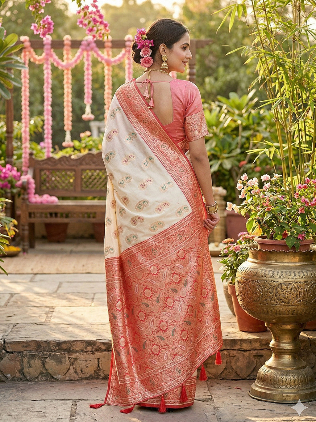 Anaita Off White Silk Blend Woven Saree With Blouse | Grocsy