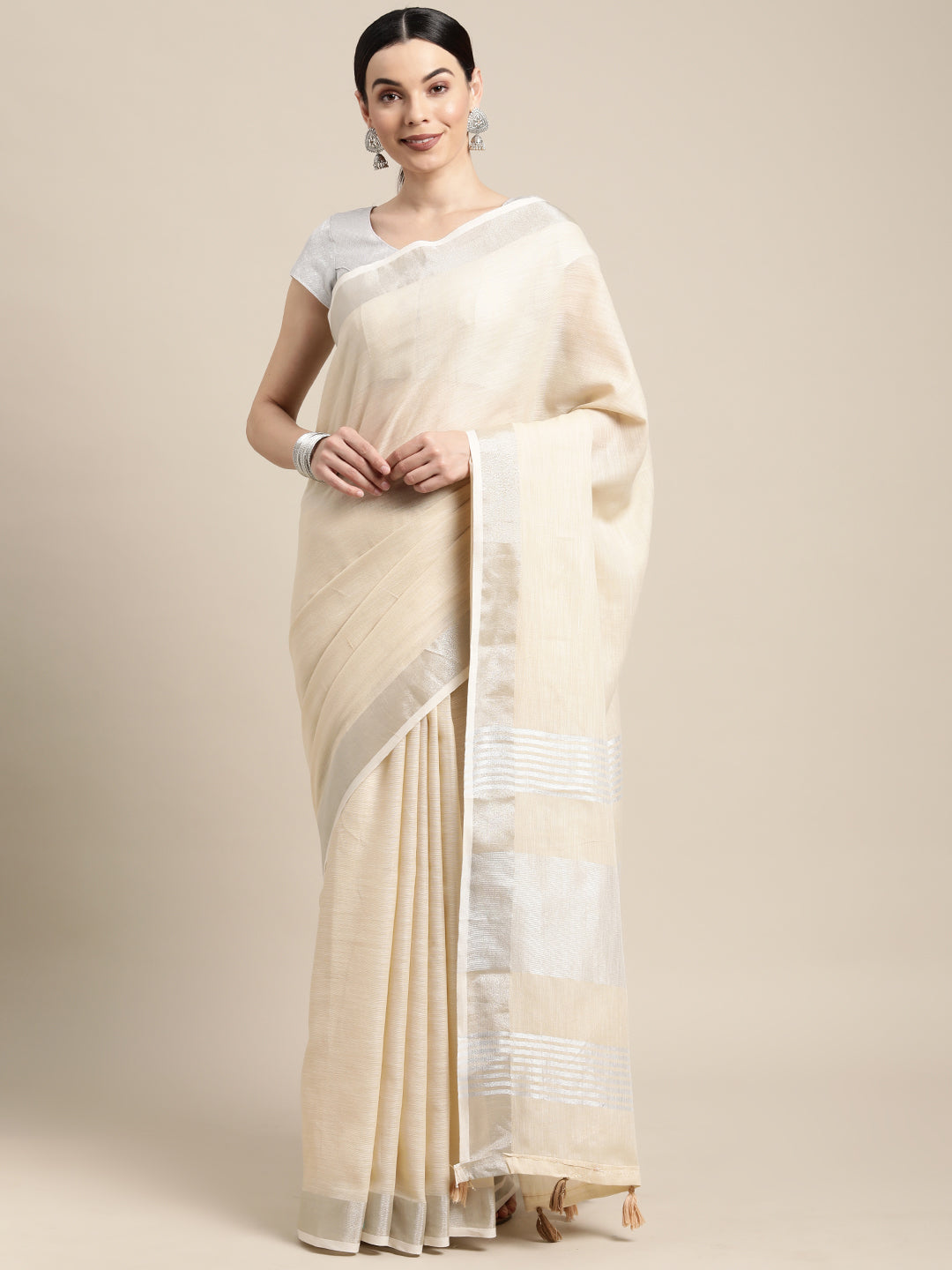 Anaita Off White Linen Saree With Blouse | Grocsy