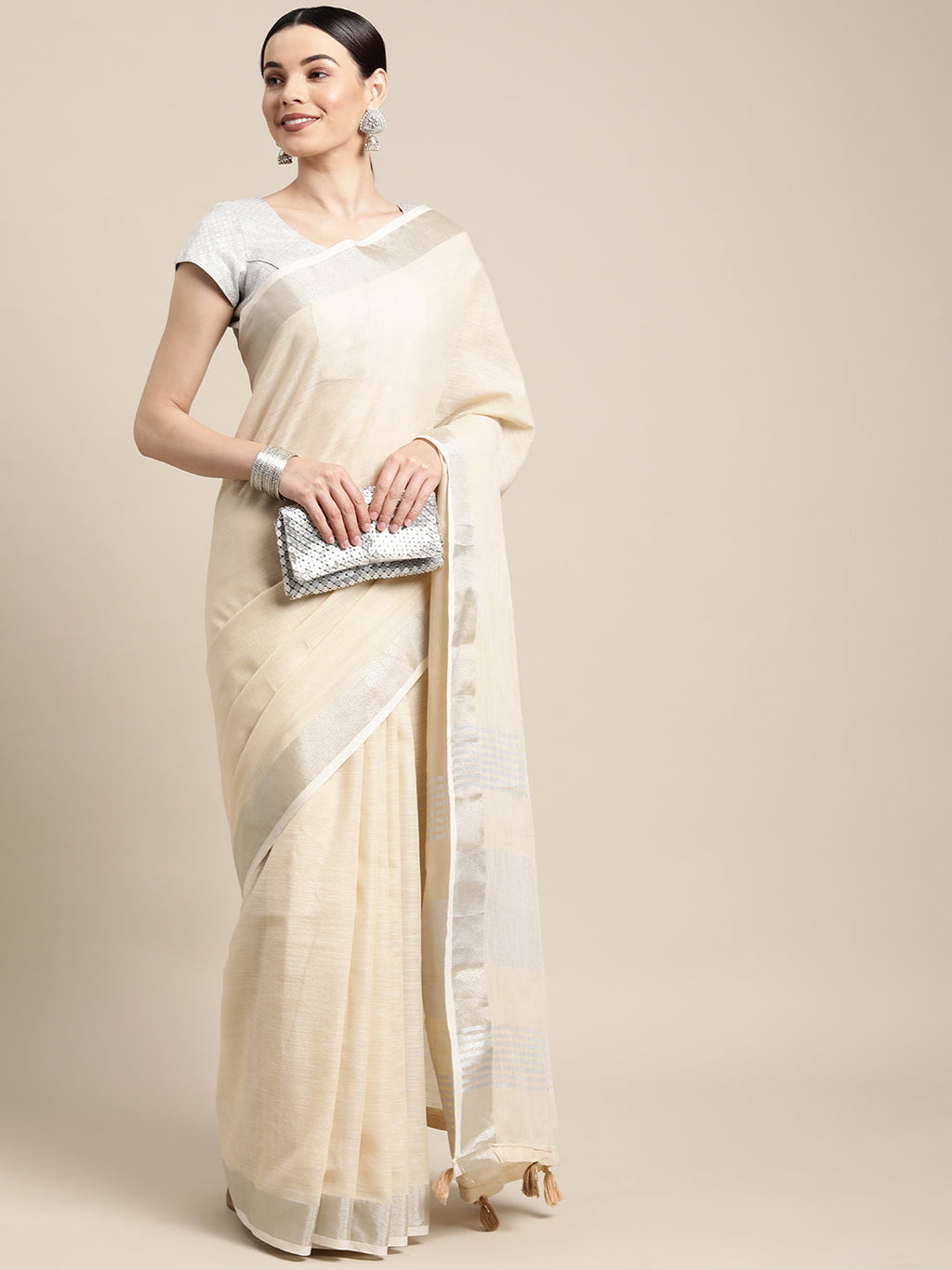 Anaita Off White Linen Saree With Blouse | Grocsy