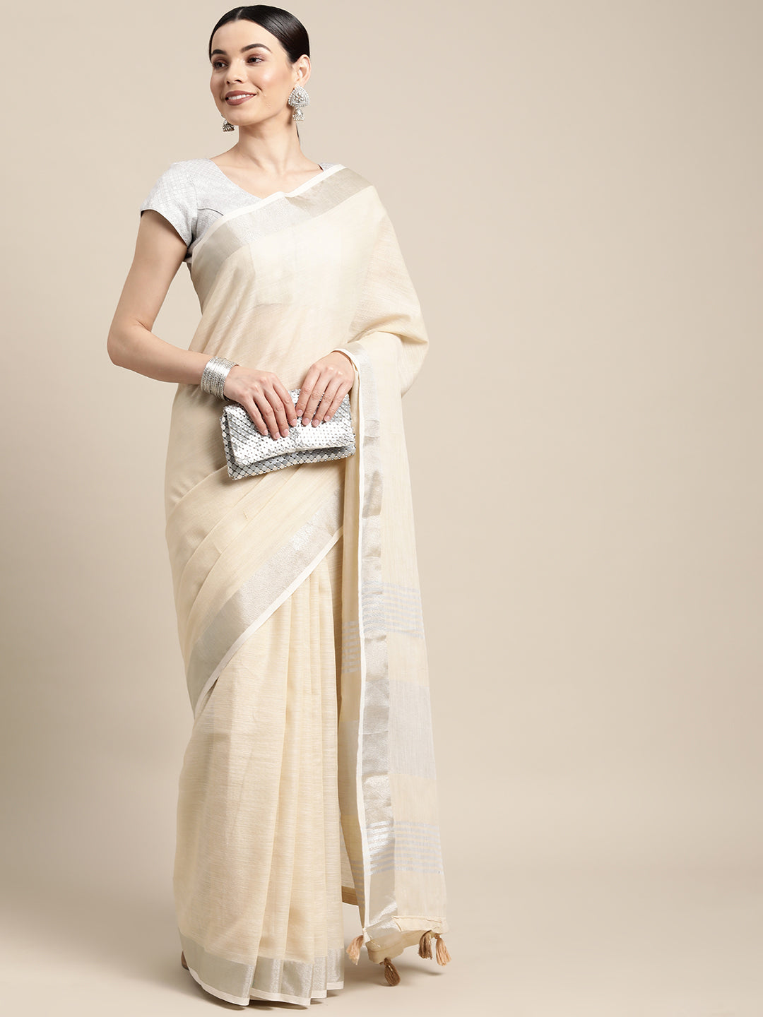 Anaita Off White Linen Saree With Blouse | Grocsy