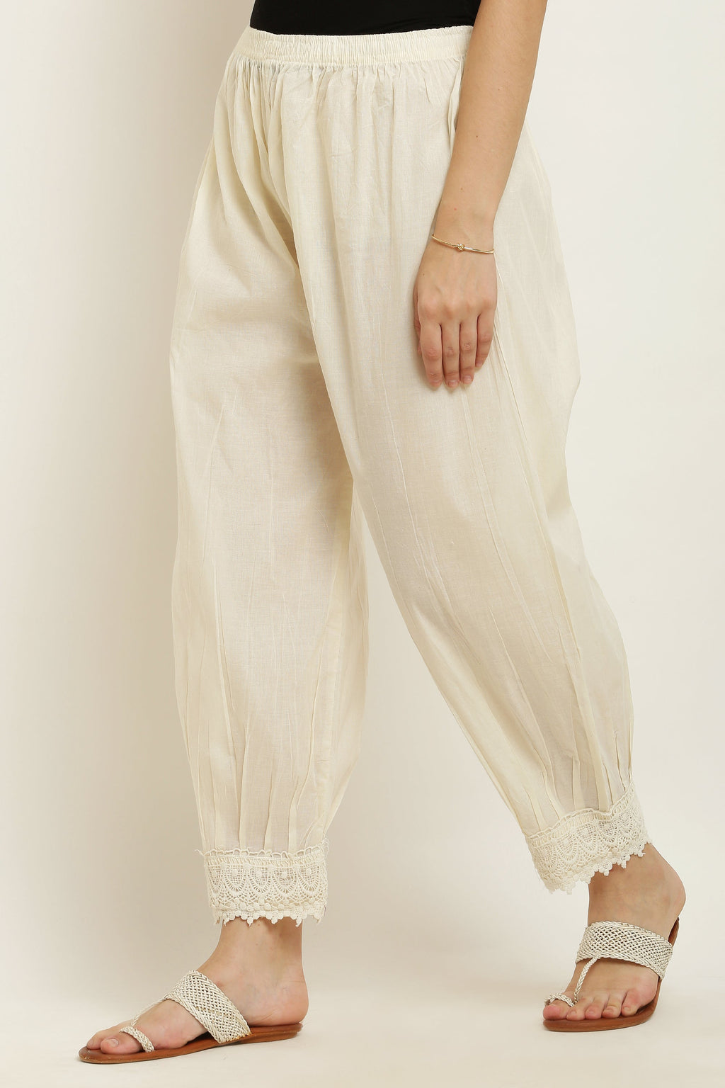 PAVONINE Off-White Color Afghani Style Lace Hem Cotton Fabric Palazzo For Women | Grocsy