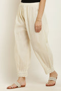 PAVONINE Off-White Color Afghani Style Lace Hem Cotton Fabric Palazzo For Women | Grocsy
