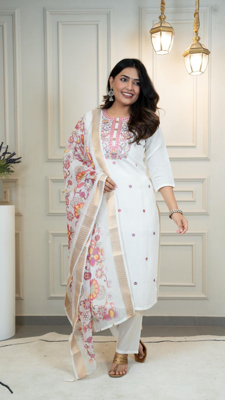 Lorenvalley Fashion Offwhite Roman Silk Embroidery Multi with Sequence Work Kurta Pant with Dupatta | Grocsy