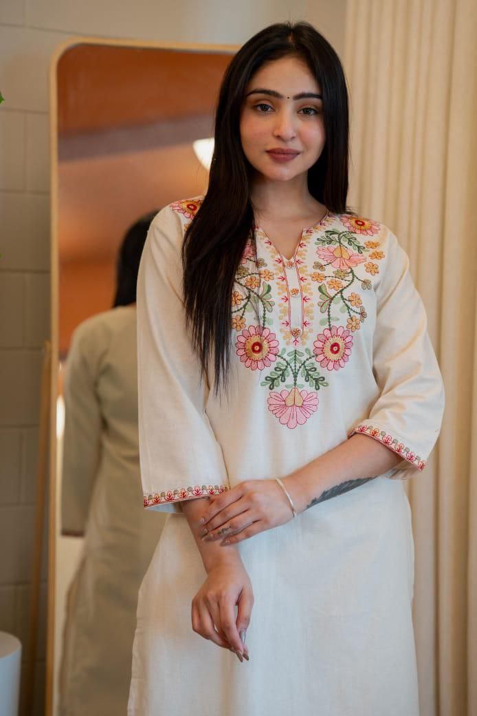 Lorenvalley Fashion Offwhite Pure Khadi Cotton Embroidery with Sequence Work Kurta Pant | Grocsy