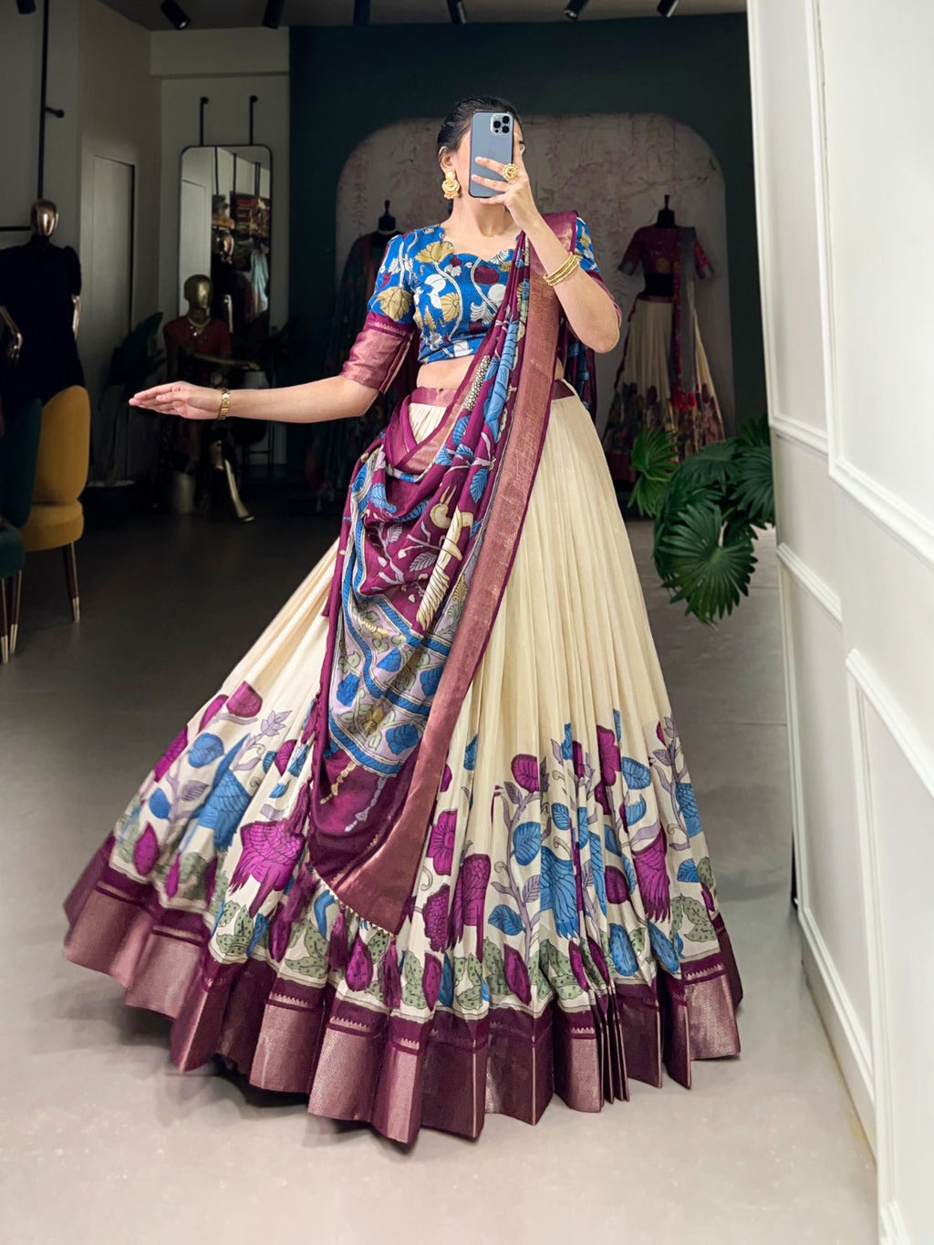 Lorenvalley Offwhite Dola Silk and Jacquard Silk Printed (Kalamkari) With Zari Weaving Border Lehenga Choli | Grocsy
