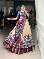 Lorenvalley Offwhite Dola Silk and Jacquard Silk Printed (Kalamkari) With Zari Weaving Border Lehenga Choli | Grocsy