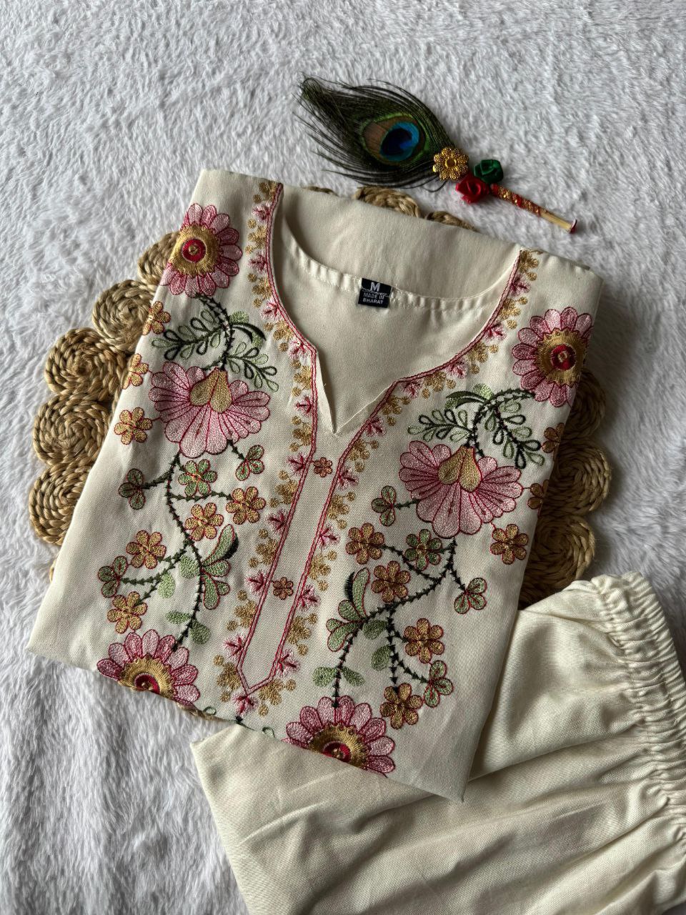 Lorenvalley Fashion Offwhite Pure Khadi Cotton Embroidery with Sequence Work Kurta Pant | Grocsy