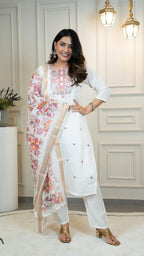 Lorenvalley Fashion Offwhite Roman Silk Embroidery Multi with Sequence Work Kurta Pant with Dupatta | Grocsy