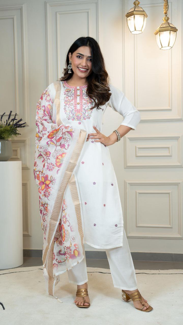 Lorenvalley Fashion Offwhite Roman Silk Embroidery Multi with Sequence Work Kurta Pant with Dupatta | Grocsy