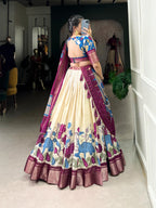 Lorenvalley Offwhite Dola Silk and Jacquard Silk Printed (Kalamkari) With Zari Weaving Border Lehenga Choli | Grocsy