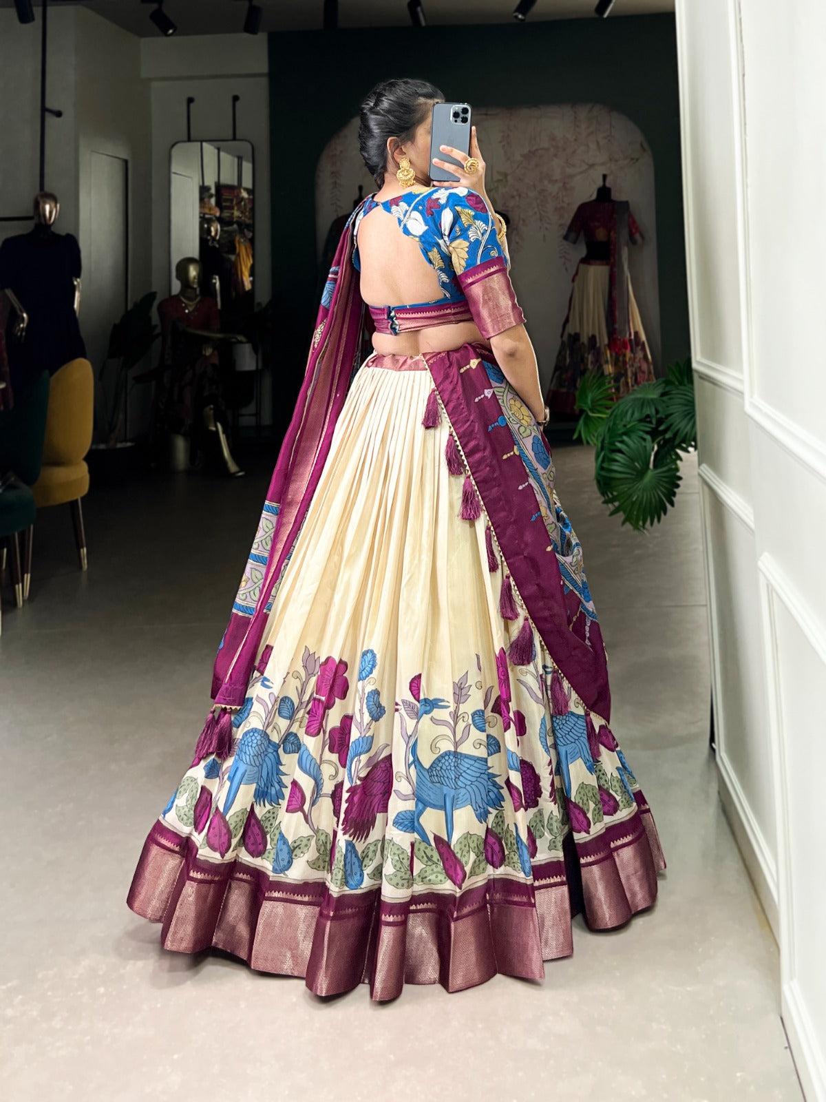 Lorenvalley Offwhite Dola Silk and Jacquard Silk Printed (Kalamkari) With Zari Weaving Border Lehenga Choli | Grocsy