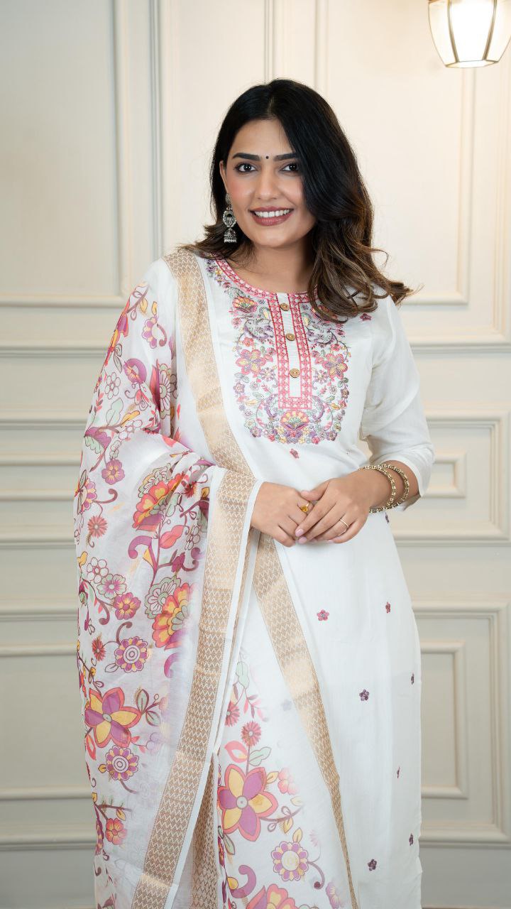Lorenvalley Fashion Offwhite Roman Silk Embroidery Multi with Sequence Work Kurta Pant with Dupatta | Grocsy