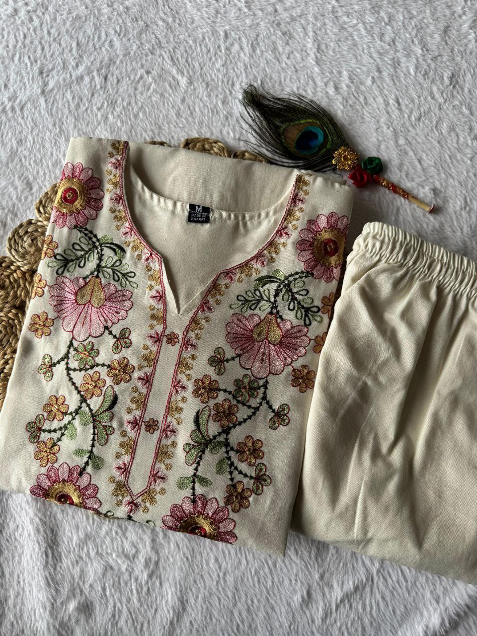 Lorenvalley Fashion Offwhite Pure Khadi Cotton Embroidery with Sequence Work Kurta Pant | Grocsy