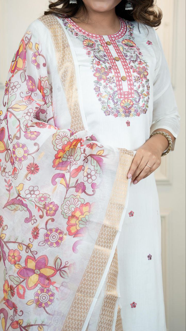 Lorenvalley Fashion Offwhite Roman Silk Embroidery Multi with Sequence Work Kurta Pant with Dupatta | Grocsy