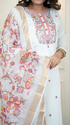 Lorenvalley Fashion Offwhite Roman Silk Embroidery Multi with Sequence Work Kurta Pant with Dupatta | Grocsy
