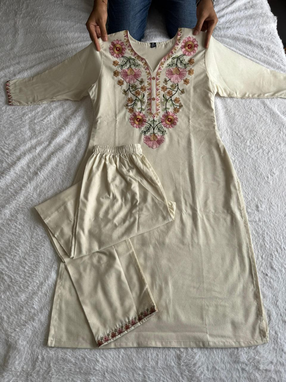 Lorenvalley Fashion Offwhite Pure Khadi Cotton Embroidery with Sequence Work Kurta Pant | Grocsy
