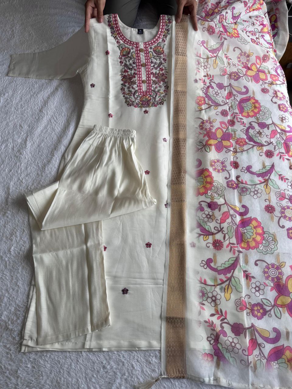 Lorenvalley Fashion Offwhite Roman Silk Embroidery Multi with Sequence Work Kurta Pant with Dupatta | Grocsy
