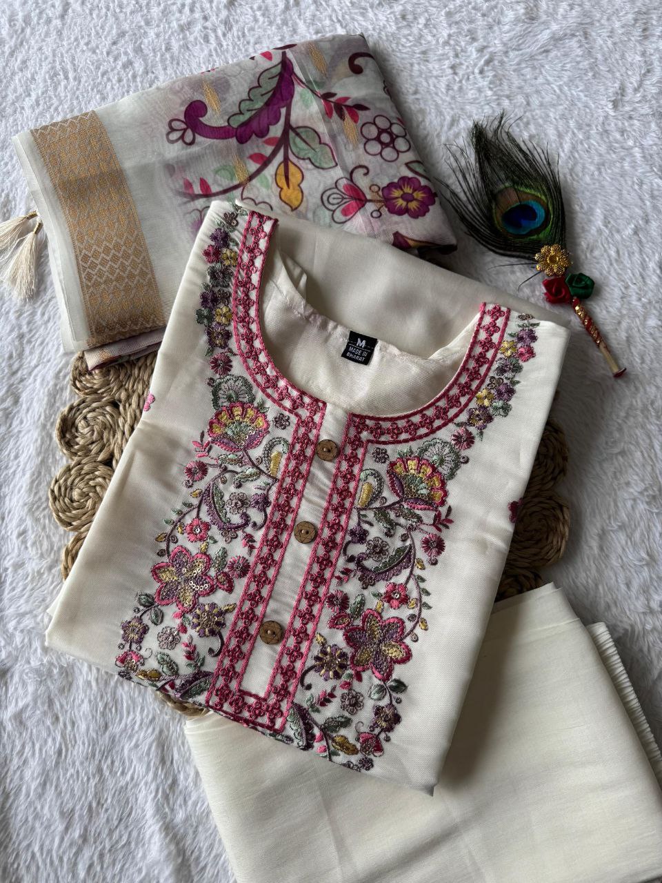 Lorenvalley Fashion Offwhite Roman Silk Embroidery Multi with Sequence Work Kurta Pant with Dupatta | Grocsy