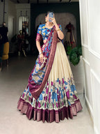 Lorenvalley Offwhite Dola Silk and Jacquard Silk Printed (Kalamkari) With Zari Weaving Border Lehenga Choli | Grocsy