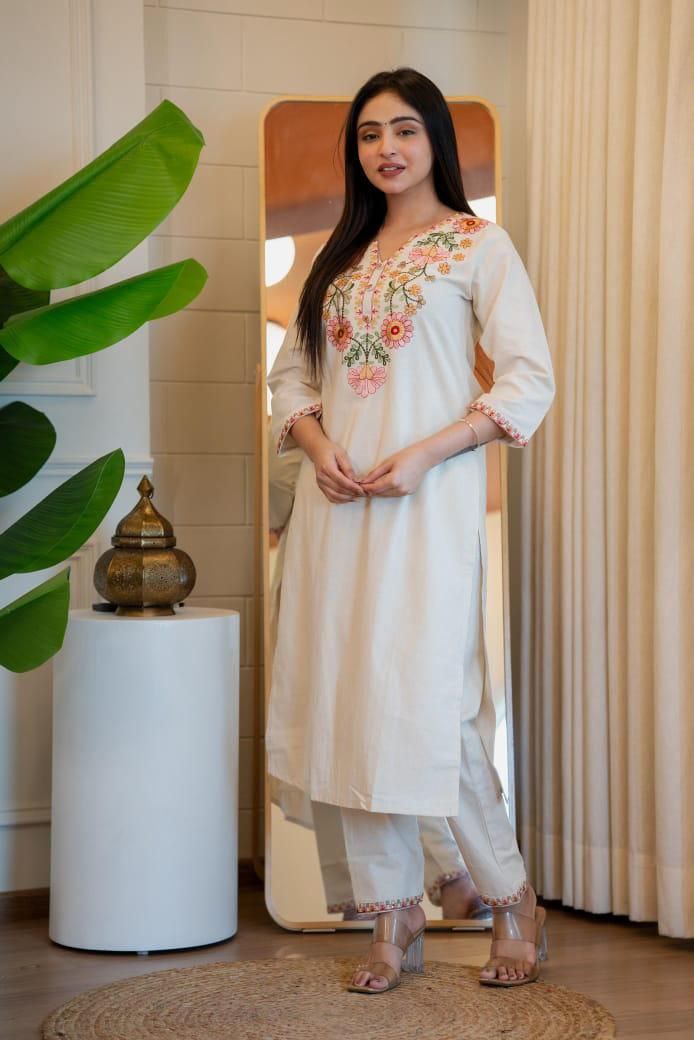 Lorenvalley Fashion Offwhite Pure Khadi Cotton Embroidery with Sequence Work Kurta Pant | Grocsy