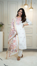 Lorenvalley Fashion Offwhite Roman Silk Embroidery Multi with Sequence Work Kurta Pant with Dupatta | Grocsy