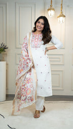 Lorenvalley Fashion Offwhite Roman Silk Embroidery Multi with Sequence Work Kurta Pant with Dupatta | Grocsy
