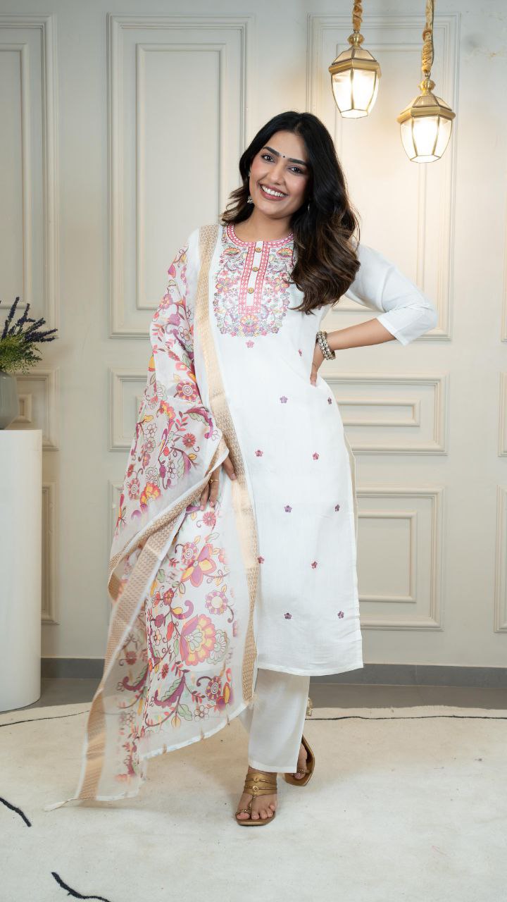 Lorenvalley Fashion Offwhite Roman Silk Embroidery Multi with Sequence Work Kurta Pant with Dupatta | Grocsy