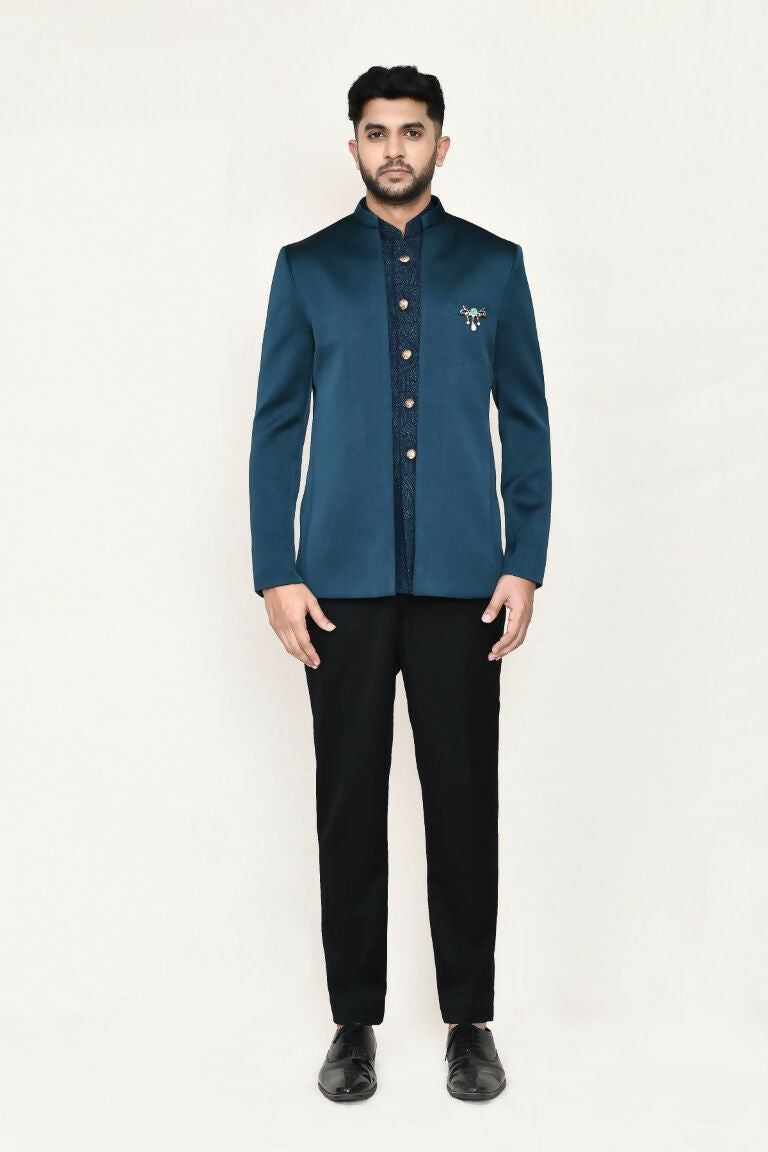 Joban Fashion Green Colored Imported Polyester Fabric Open Prince Coat, Jacket With Pant | Grocsy