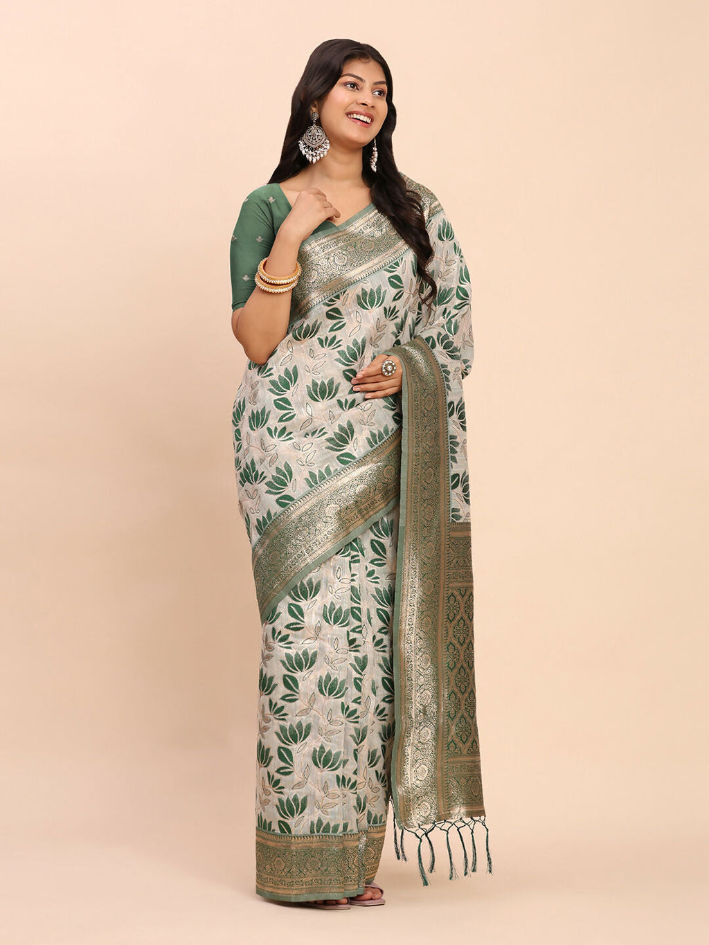 Shree Shyam Fashion Linen Cotton Green Saree | Grocsy